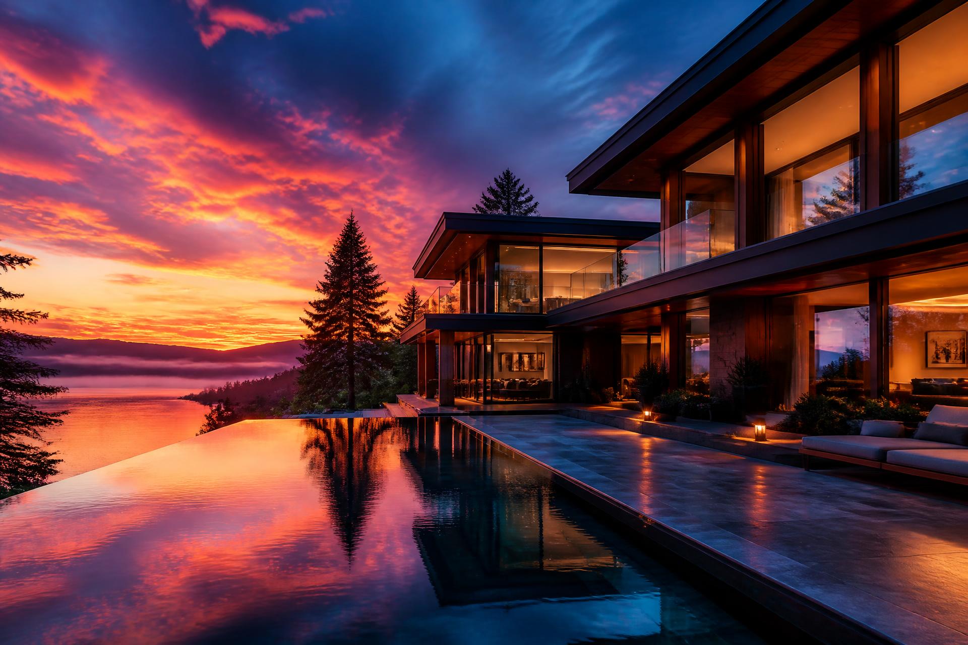 Luxury modern furnished rental interior with city skyline view at dusk